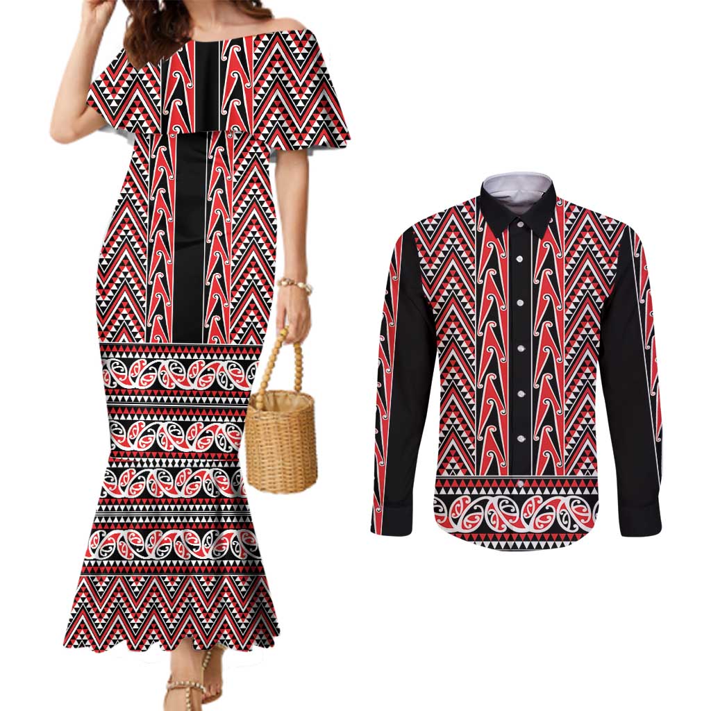 New Zealand Maori Niho Taniwha Couples Matching Mermaid Dress and Long Sleeve Button Shirt Whero Mangopare and Puhoro Pattern