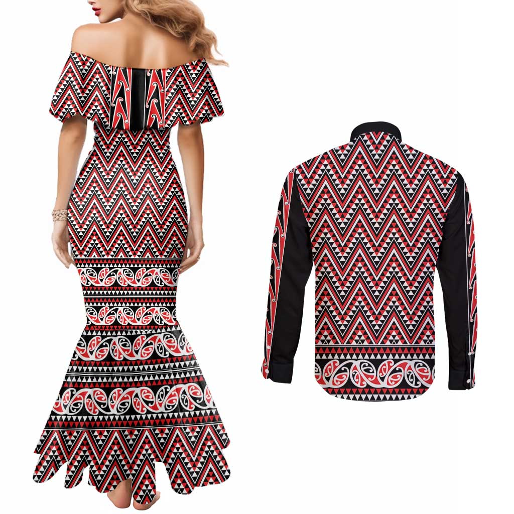 New Zealand Maori Niho Taniwha Couples Matching Mermaid Dress and Long Sleeve Button Shirt Whero Mangopare and Puhoro Pattern