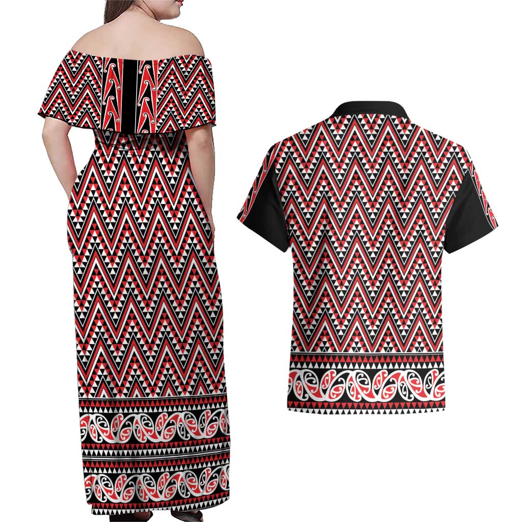 New Zealand Maori Niho Taniwha Couples Matching Off Shoulder Maxi Dress and Hawaiian Shirt Whero Mangopare and Puhoro Pattern