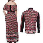 New Zealand Maori Niho Taniwha Couples Matching Off Shoulder Maxi Dress and Long Sleeve Button Shirt Whero Mangopare and Puhoro Pattern