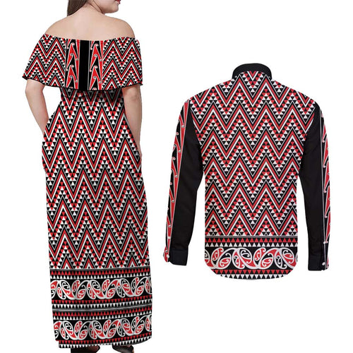 New Zealand Maori Niho Taniwha Couples Matching Off Shoulder Maxi Dress and Long Sleeve Button Shirt Whero Mangopare and Puhoro Pattern