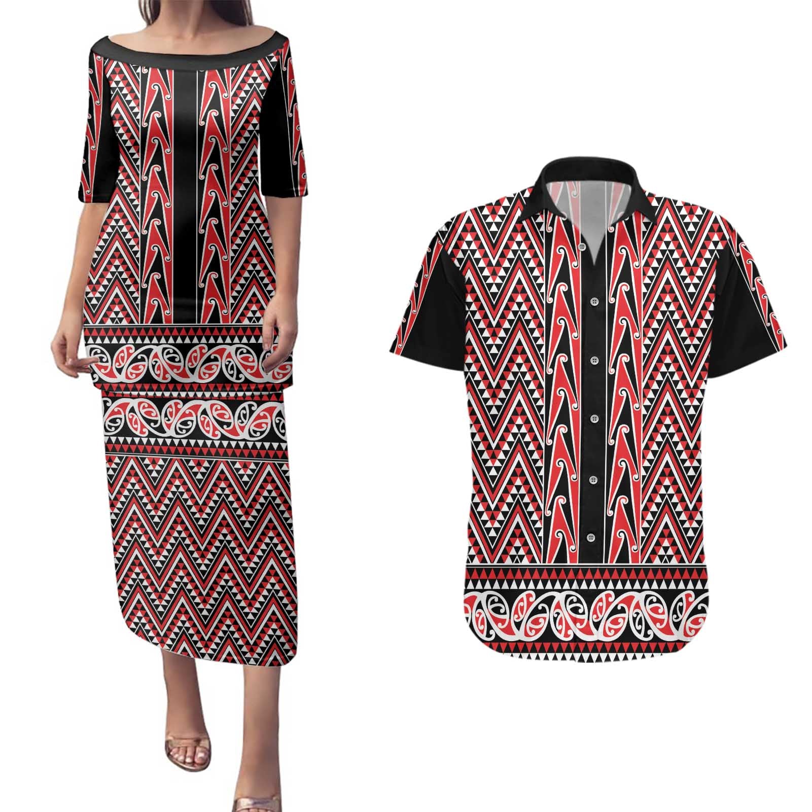 New Zealand Maori Niho Taniwha Couples Matching Puletasi and Hawaiian Shirt Whero Mangopare and Puhoro Pattern