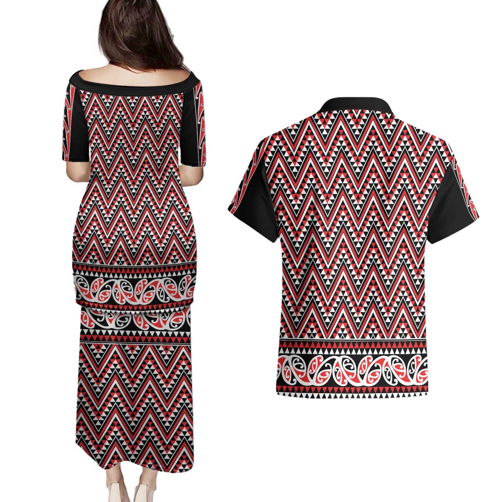 New Zealand Maori Niho Taniwha Couples Matching Puletasi and Hawaiian Shirt Whero Mangopare and Puhoro Pattern