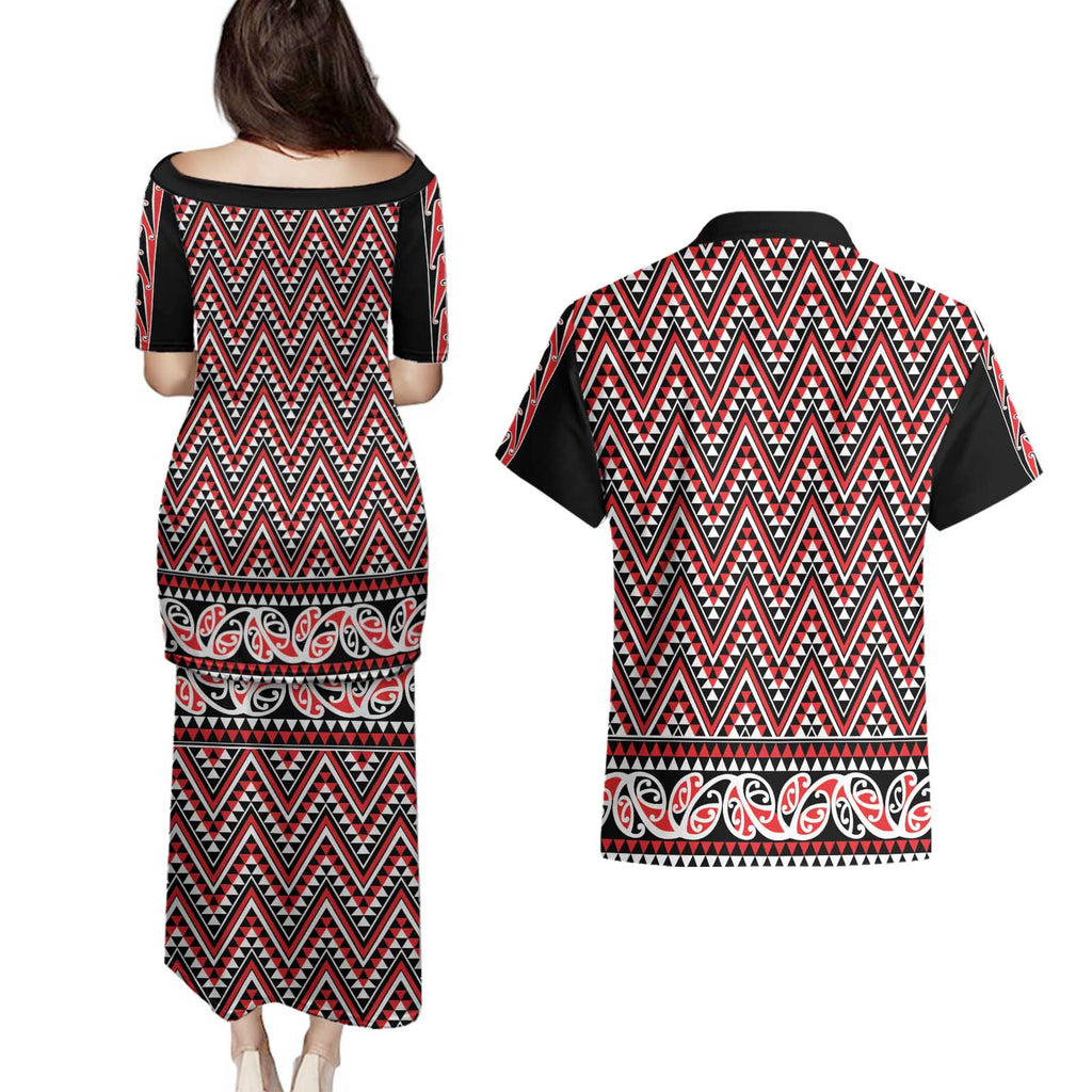 New Zealand Maori Niho Taniwha Couples Matching Puletasi and Hawaiian Shirt Whero Mangopare and Puhoro Pattern