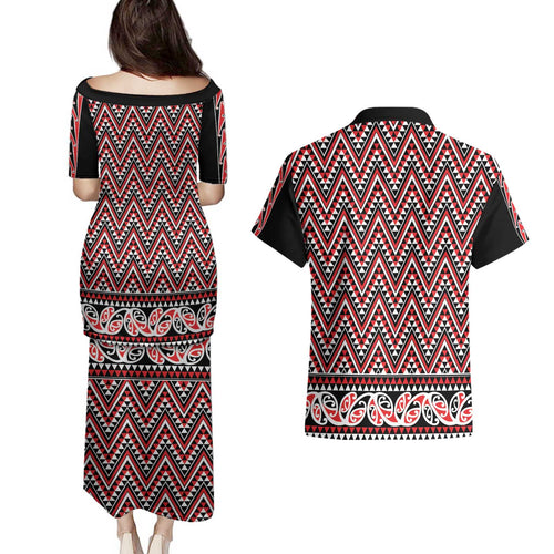 New Zealand Maori Niho Taniwha Couples Matching Puletasi and Hawaiian Shirt Whero Mangopare and Puhoro Pattern