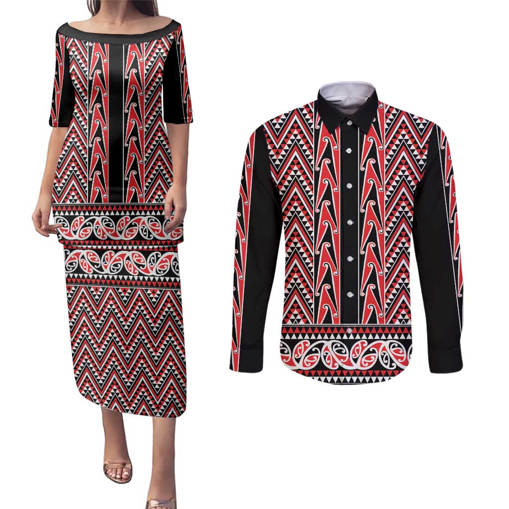 New Zealand Maori Niho Taniwha Couples Matching Puletasi and Long Sleeve Button Shirt Whero Mangopare and Puhoro Pattern