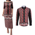 New Zealand Maori Niho Taniwha Couples Matching Puletasi and Long Sleeve Button Shirt Whero Mangopare and Puhoro Pattern