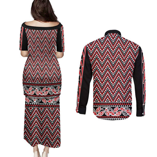 New Zealand Maori Niho Taniwha Couples Matching Puletasi and Long Sleeve Button Shirt Whero Mangopare and Puhoro Pattern