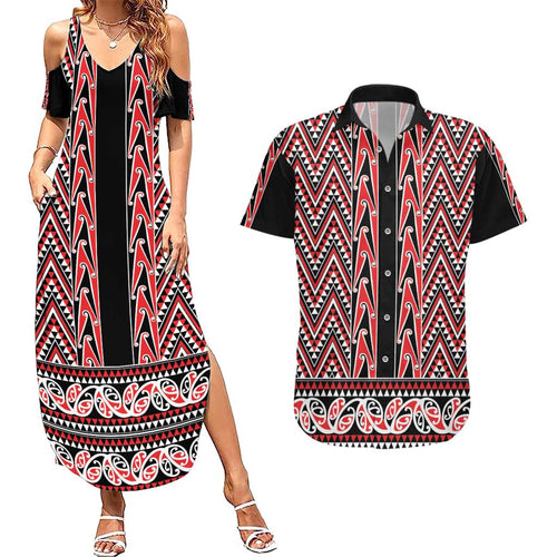 New Zealand Maori Niho Taniwha Couples Matching Summer Maxi Dress and Hawaiian Shirt Whero Mangopare and Puhoro Pattern