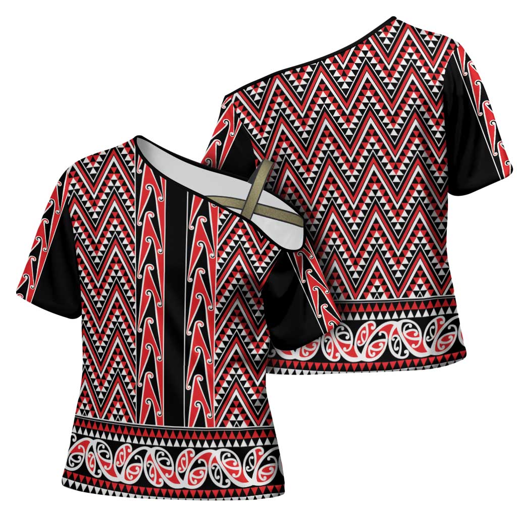 New Zealand Maori Niho Taniwha Cross Shoulder Shirt Whero Mangopare and Puhoro Pattern - Aussie Hoodie