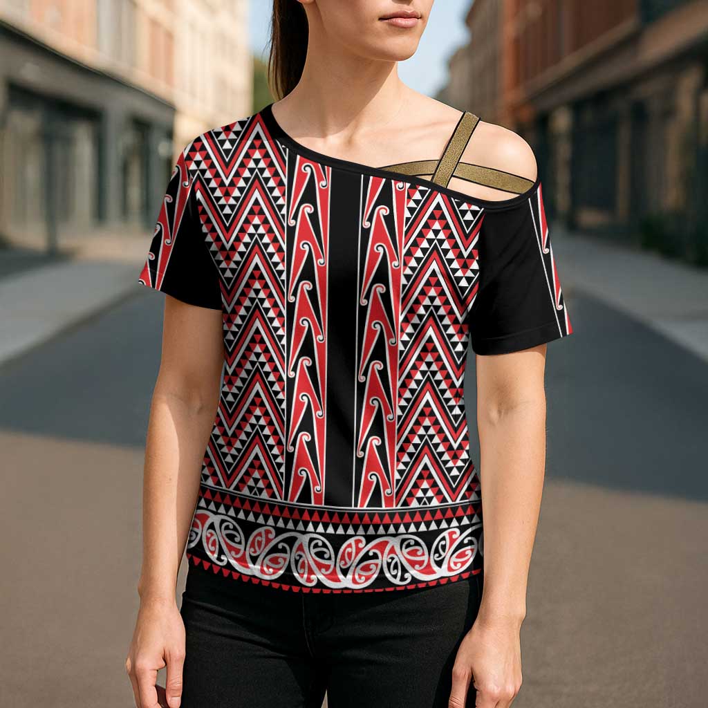 New Zealand Maori Niho Taniwha Cross Shoulder Shirt Whero Mangopare and Puhoro Pattern - Aussie Hoodie