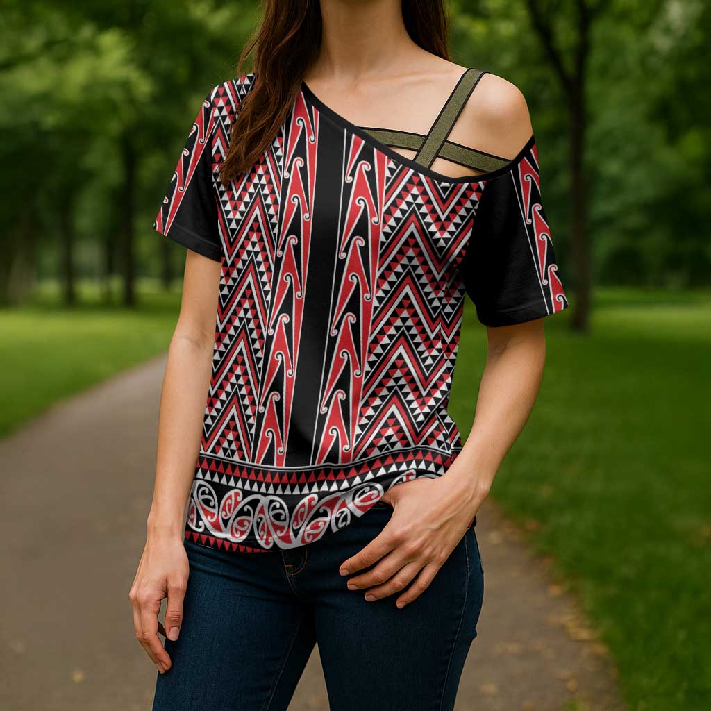New Zealand Maori Niho Taniwha Cross Shoulder Shirt Whero Mangopare and Puhoro Pattern - Aussie Hoodie