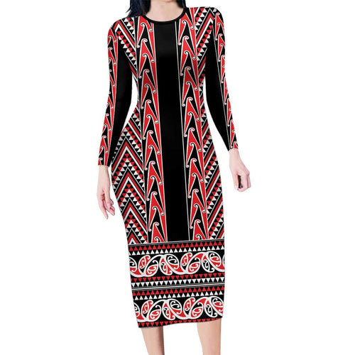 New Zealand Maori Niho Taniwha Family Matching Long Sleeve Bodycon Dress and Hawaiian Shirt Whero Mangopare and Puhoro Pattern