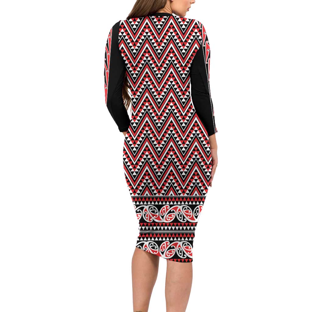New Zealand Maori Niho Taniwha Family Matching Long Sleeve Bodycon Dress and Hawaiian Shirt Whero Mangopare and Puhoro Pattern