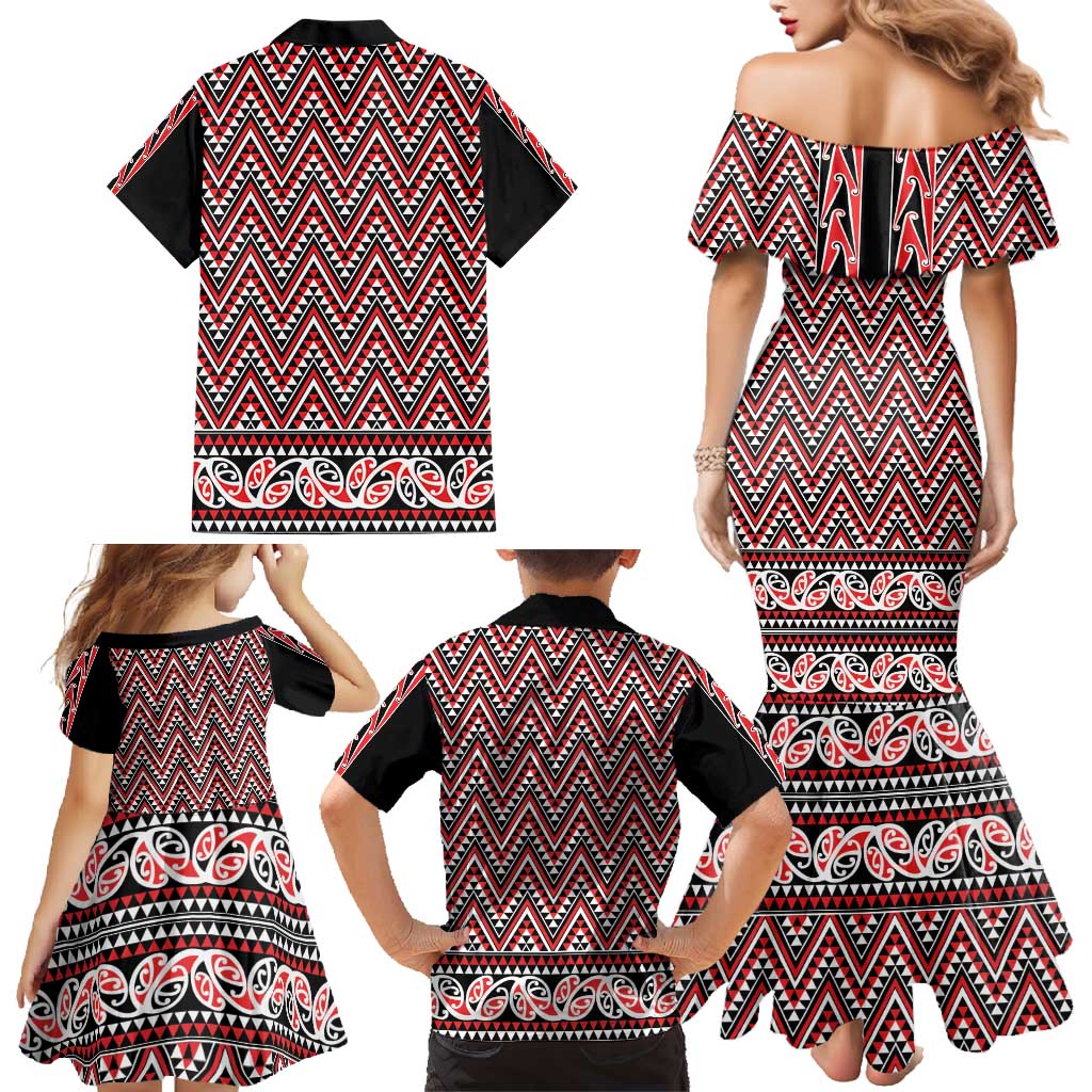 New Zealand Maori Niho Taniwha Family Matching Mermaid Dress and Hawaiian Shirt Whero Mangopare and Puhoro Pattern