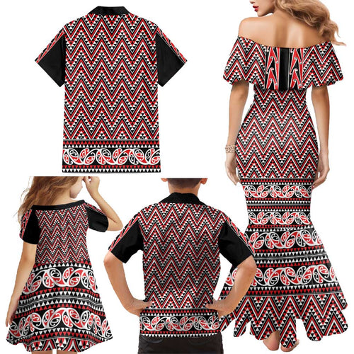 New Zealand Maori Niho Taniwha Family Matching Mermaid Dress and Hawaiian Shirt Whero Mangopare and Puhoro Pattern