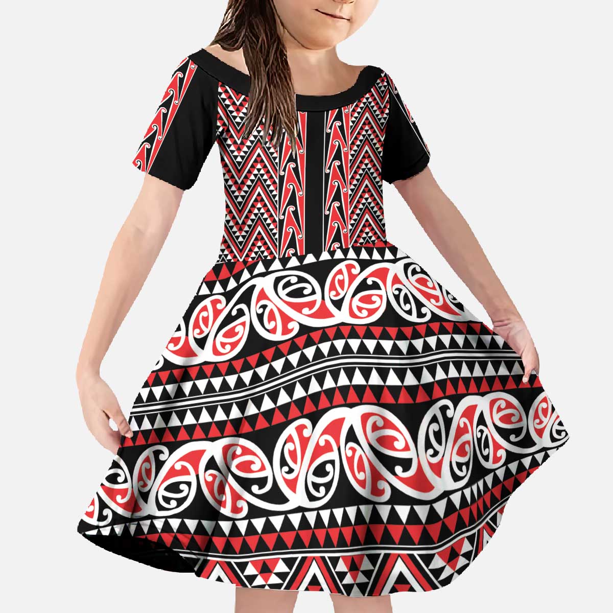 New Zealand Maori Niho Taniwha Family Matching Off The Shoulder Long Sleeve Dress and Hawaiian Shirt Whero Mangopare and Puhoro Pattern