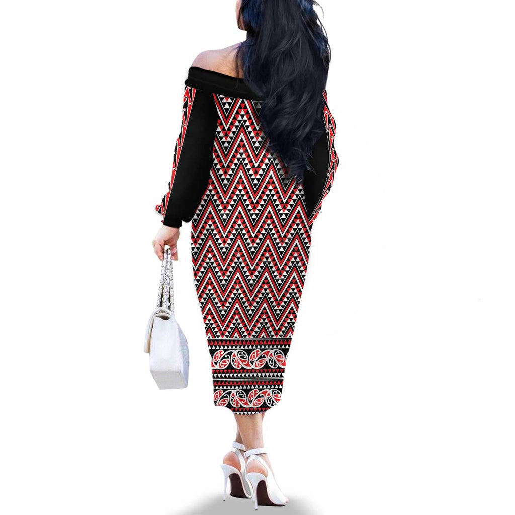 New Zealand Maori Niho Taniwha Family Matching Off The Shoulder Long Sleeve Dress and Hawaiian Shirt Whero Mangopare and Puhoro Pattern
