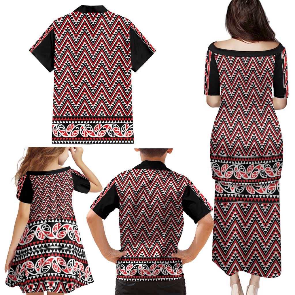New Zealand Maori Niho Taniwha Family Matching Puletasi and Hawaiian Shirt Whero Mangopare and Puhoro Pattern
