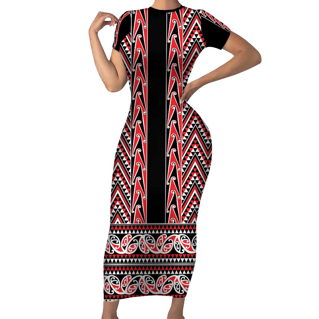 New Zealand Maori Niho Taniwha Family Matching Short Sleeve Bodycon Dress and Hawaiian Shirt Whero Mangopare and Puhoro Pattern