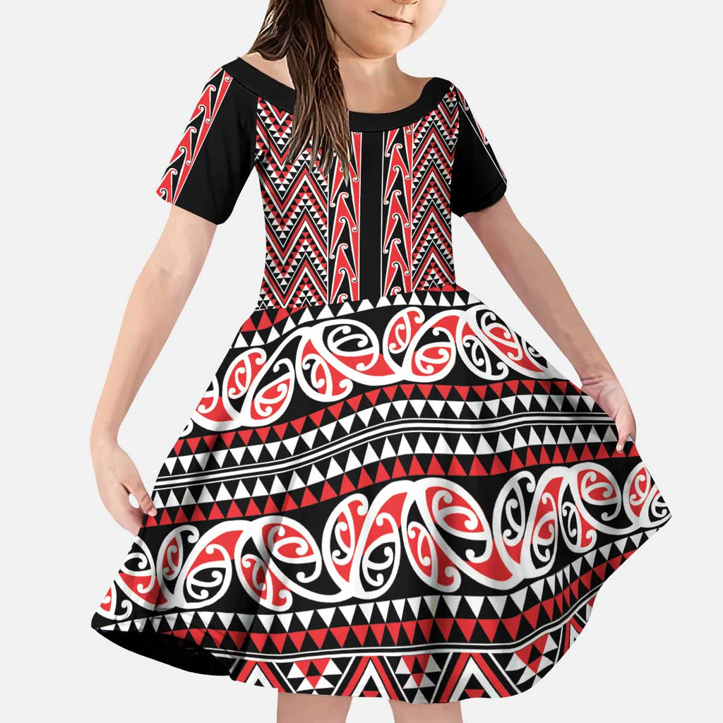New Zealand Maori Niho Taniwha Kid Short Sleeve Dress Whero Mangopare and Puhoro Pattern