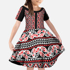 New Zealand Maori Niho Taniwha Kid Short Sleeve Dress Whero Mangopare and Puhoro Pattern