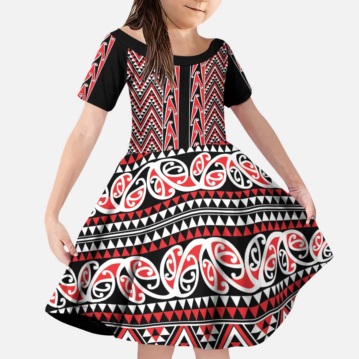 New Zealand Maori Niho Taniwha Kid Short Sleeve Dress Whero Mangopare and Puhoro Pattern
