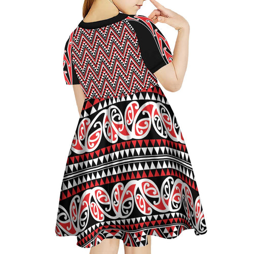 New Zealand Maori Niho Taniwha Kid Short Sleeve Dress Whero Mangopare and Puhoro Pattern