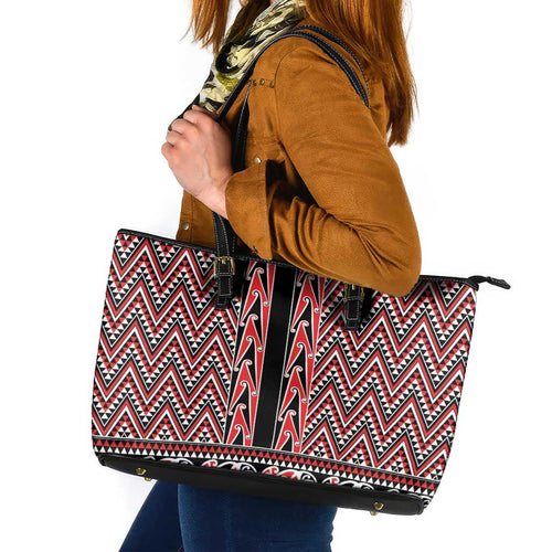 New Zealand Maori Niho Taniwha Leather Tote Bag Whero Mangopare and Puhoro Pattern