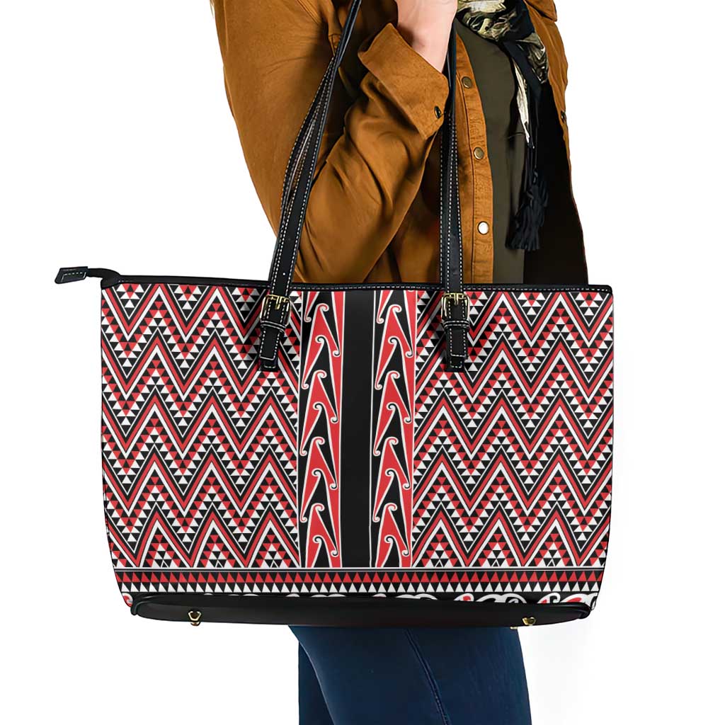 New Zealand Maori Niho Taniwha Leather Tote Bag Whero Mangopare and Puhoro Pattern