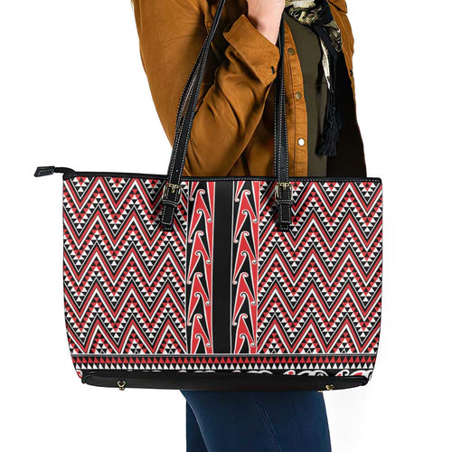 New Zealand Maori Niho Taniwha Leather Tote Bag Whero Mangopare and Puhoro Pattern