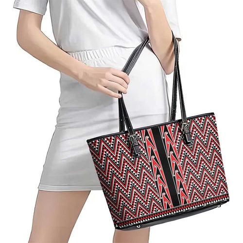 New Zealand Maori Niho Taniwha Leather Tote Bag Whero Mangopare and Puhoro Pattern