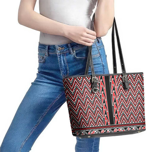 New Zealand Maori Niho Taniwha Leather Tote Bag Whero Mangopare and Puhoro Pattern