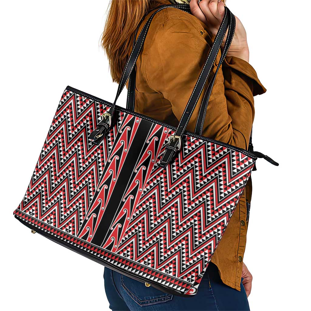 New Zealand Maori Niho Taniwha Leather Tote Bag Whero Mangopare and Puhoro Pattern