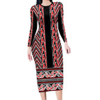 New Zealand Maori Niho Taniwha Long Sleeve Bodycon Dress Whero Mangopare and Puhoro Pattern