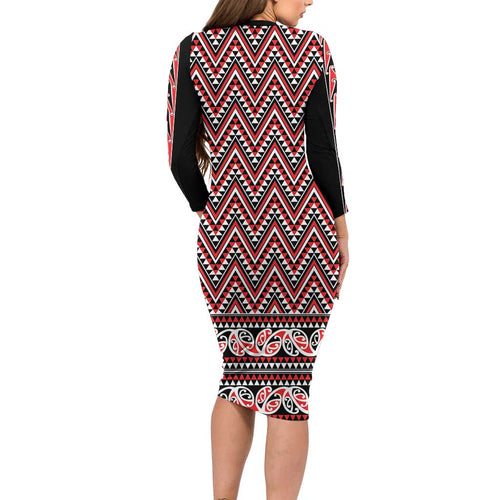 New Zealand Maori Niho Taniwha Long Sleeve Bodycon Dress Whero Mangopare and Puhoro Pattern
