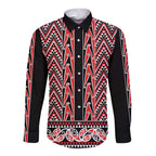 New Zealand Maori Niho Taniwha Long Sleeve Button Shirt Whero Mangopare and Puhoro Pattern