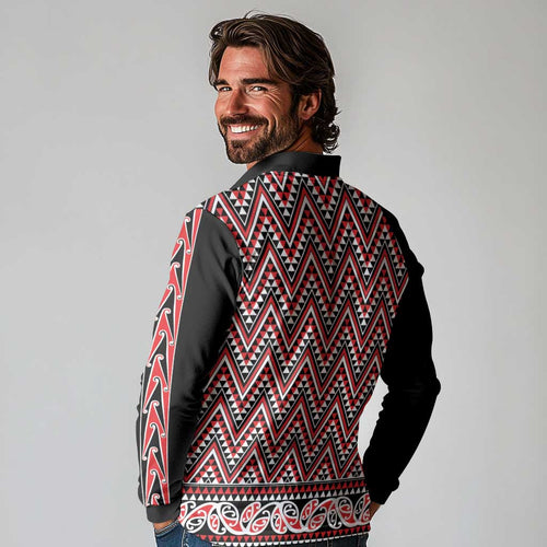New Zealand Maori Niho Taniwha Long Sleeve Polo Shirt Whero Mangopare and Puhoro Pattern