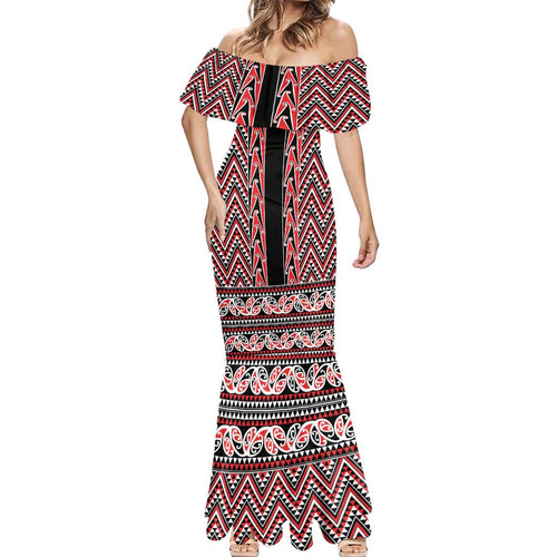 New Zealand Maori Niho Taniwha Mermaid Dress Whero Mangopare and Puhoro Pattern