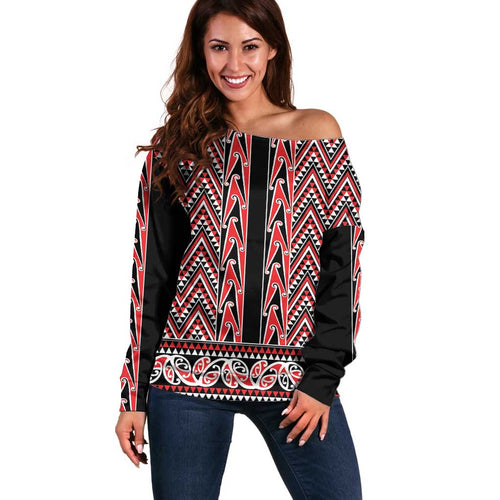 New Zealand Maori Niho Taniwha Off Shoulder Sweater Whero Mangopare and Puhoro Pattern