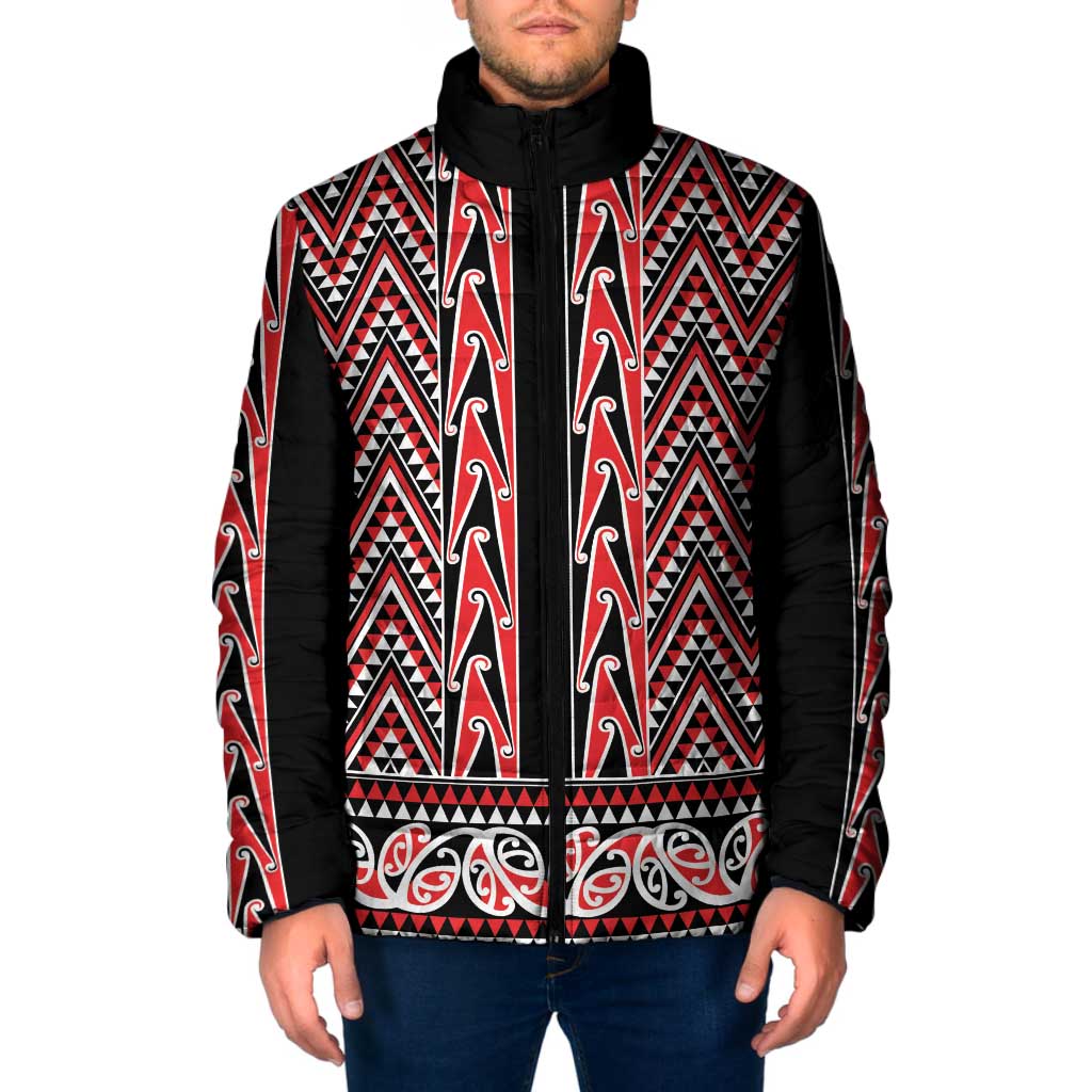 New Zealand Maori Niho Taniwha Padded Jacket Whero Mangopare and Puhoro Pattern - Aussie Hoodie