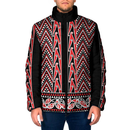 New Zealand Maori Niho Taniwha Padded Jacket Whero Mangopare and Puhoro Pattern - Aussie Hoodie