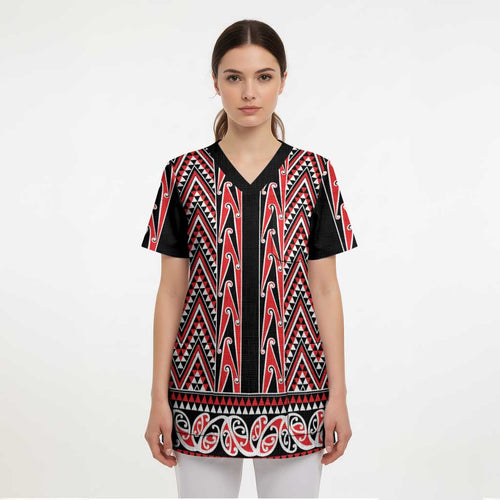 New Zealand Maori Niho Taniwha Scrub Top Whero Mangopare and Puhoro Pattern - Aussie Hoodie