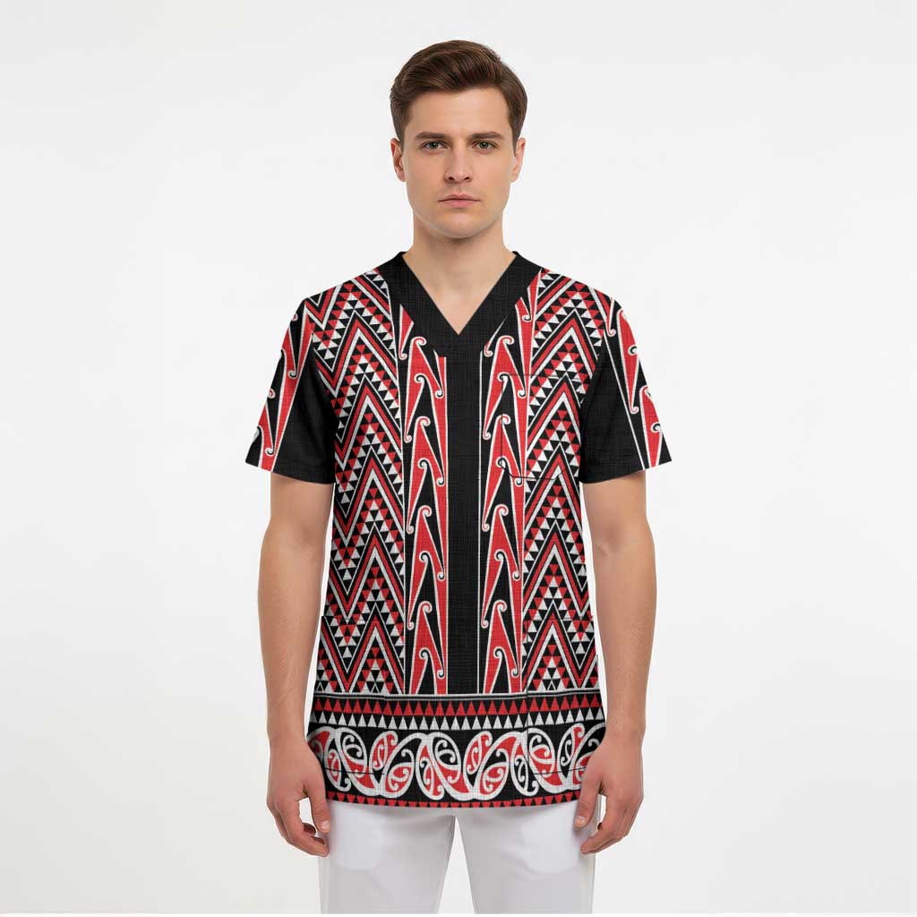 New Zealand Maori Niho Taniwha Scrub Top Whero Mangopare and Puhoro Pattern - Aussie Hoodie