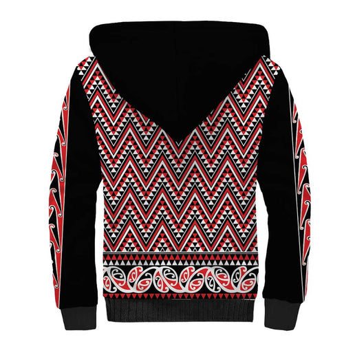 New Zealand Maori Niho Taniwha Sherpa Hoodie Whero Mangopare and Puhoro Pattern