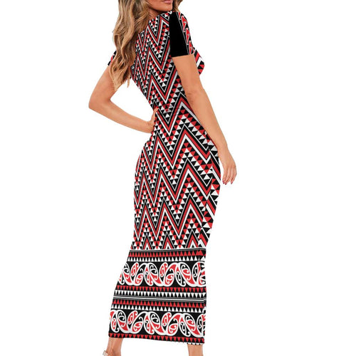 New Zealand Maori Niho Taniwha Short Sleeve Bodycon Dress Whero Mangopare and Puhoro Pattern