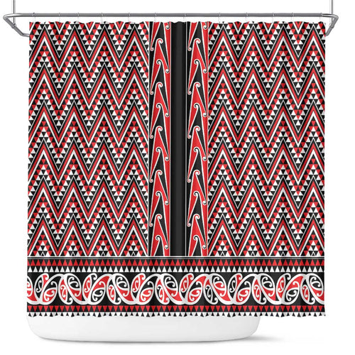 New Zealand Maori Niho Taniwha Shower Curtain Whero Mangopare and Puhoro Pattern