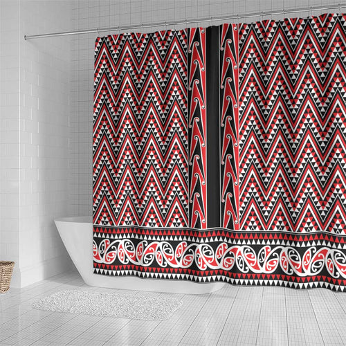 New Zealand Maori Niho Taniwha Shower Curtain Whero Mangopare and Puhoro Pattern