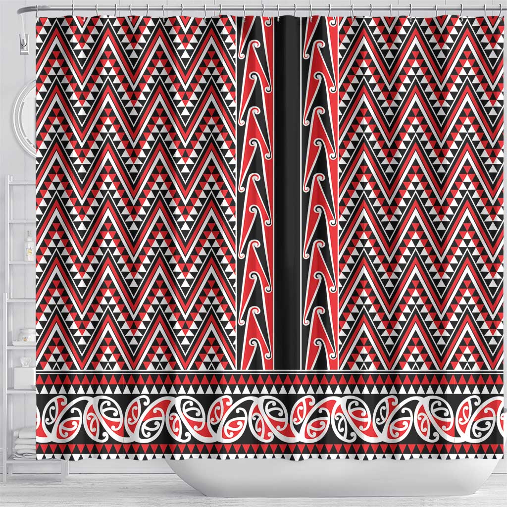 New Zealand Maori Niho Taniwha Shower Curtain Whero Mangopare and Puhoro Pattern