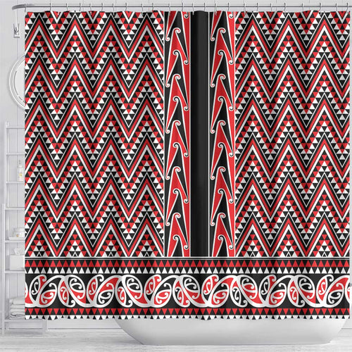 New Zealand Maori Niho Taniwha Shower Curtain Whero Mangopare and Puhoro Pattern